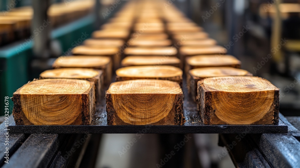 Poster wooden logs on production line in a factory setting, displaying freshly cut tree sections on a conve