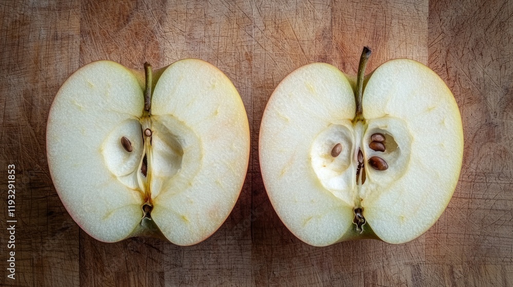 Poster a sliced apple showing its symmetrical halves, with seeds and texture clearly visible, placed on a w