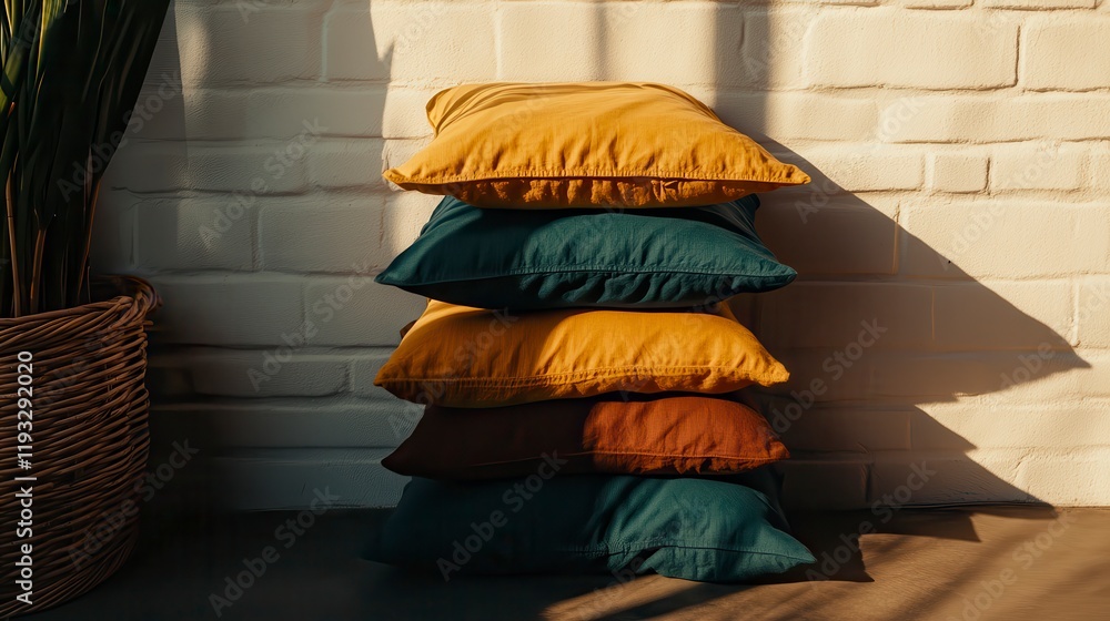 Poster stacked pillows in warm tones against a textured wall with soft shadows creating a serene and inviti