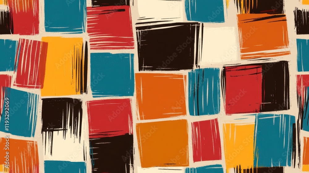 Poster colorful abstract pattern featuring a mix of bold brush strokes in a variety of shapes and hues on a