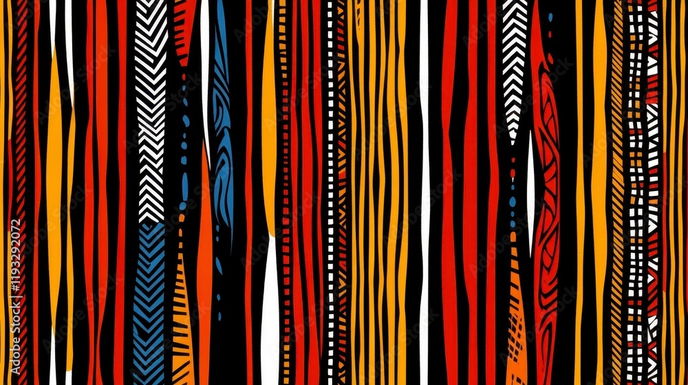 Poster abstract pattern of vibrant vertical stripes featuring a mix of colors and intricate line designs fo