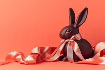 Obraz premium chocolate bunny tied with silk ribbon resting on bright coral background