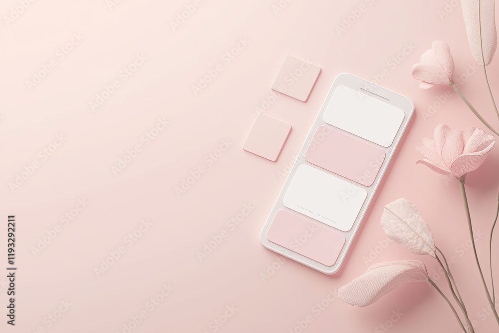 Poster clean grid-based interface design with soft shadows and modular components on light pastel backgroun