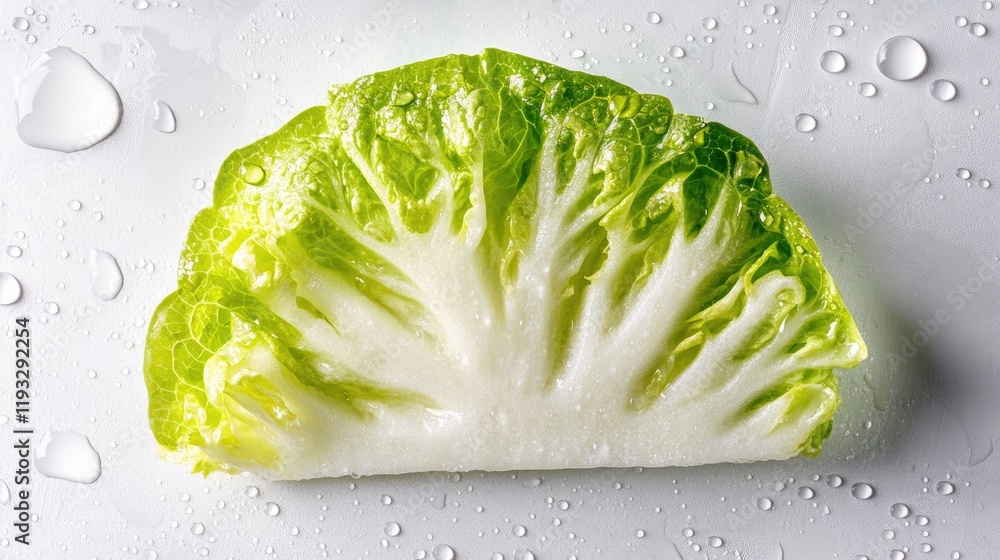 Poster cleanly cut wedge of iceberg lettuce with visible texture and water droplets set on white background with ample copy