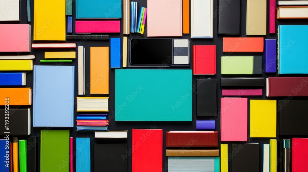 Poster an array of colorful notebooks and books arranged neatly on a dark background with a tablet device f