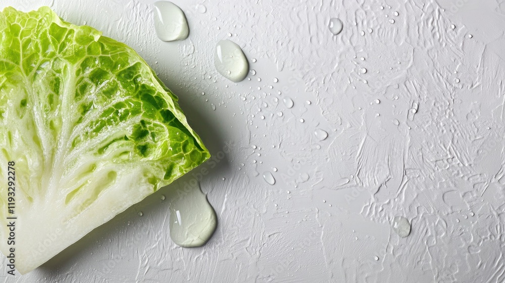 Poster cleanly cut wedge of iceberg lettuce with visible texture and water droplets set on white background