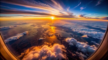 Fototapeta premium Aerial World Explorer: Stunning Low-Light Airplane View at Sunset, Mobile Photography