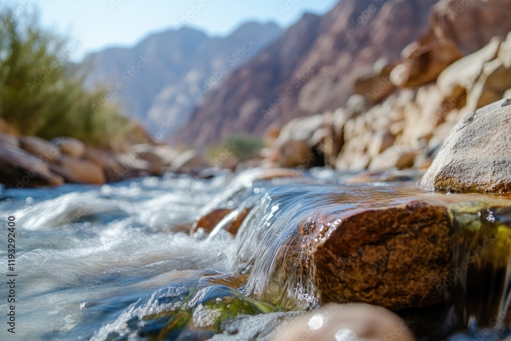 Poster close-up of crystal-clear stream flowing over rocks with towering mountains blurred in background