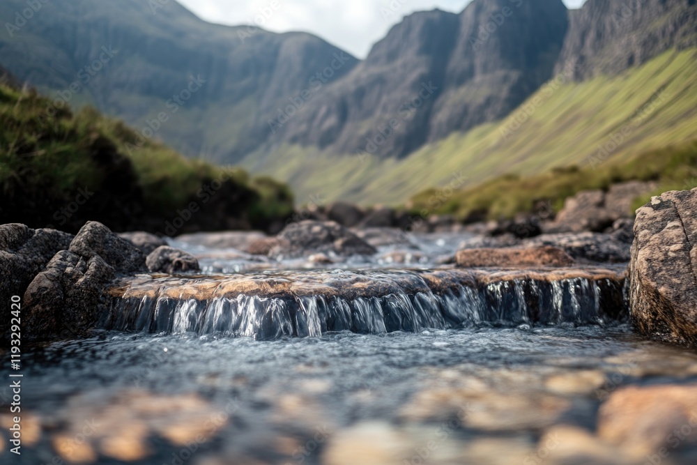 Poster close-up of crystal-clear stream flowing over rocks with towering mountains blurred in background