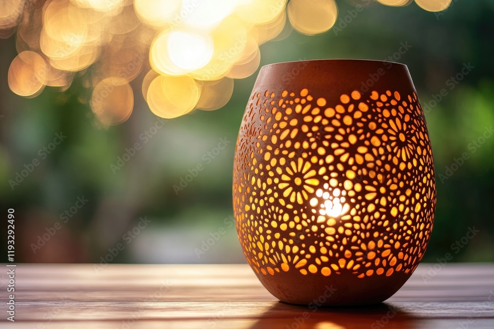 Aufkleber close-up of glowing lantern with intricate patterns placed on wooden table
