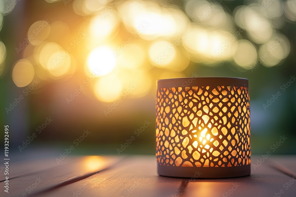 Aufkleber close-up of glowing lantern with intricate patterns placed on wooden table