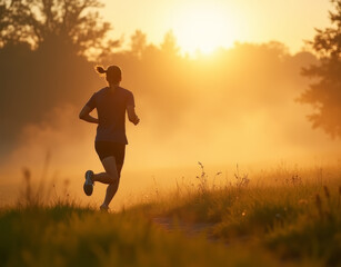 person running in the field at sunset