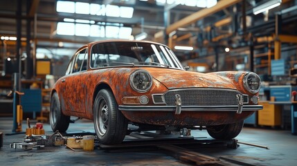 A classic automobile waits for skilled hands to restore its former glory