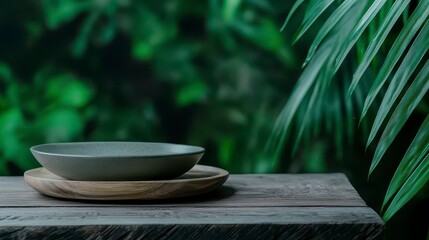 Minimalist display of a modern stone bowl atop a wooden plate against a lush green background, showcasing nature-inspired decor