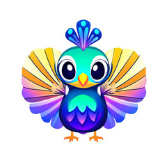 Fototapeta premium Colorful cartoon peacock displaying vibrant feathers in a whimsical digital landscape