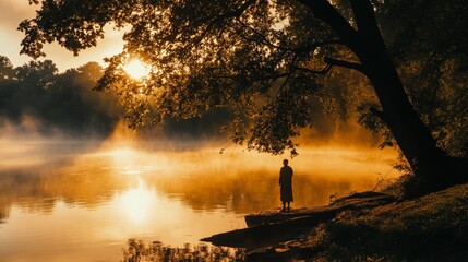 Obraz premium Serene Sunrise over Calm Water with Person Silhouetted by Trees
