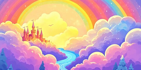 A Fairytale Castle Resides Above The Clouds With A Rainbow