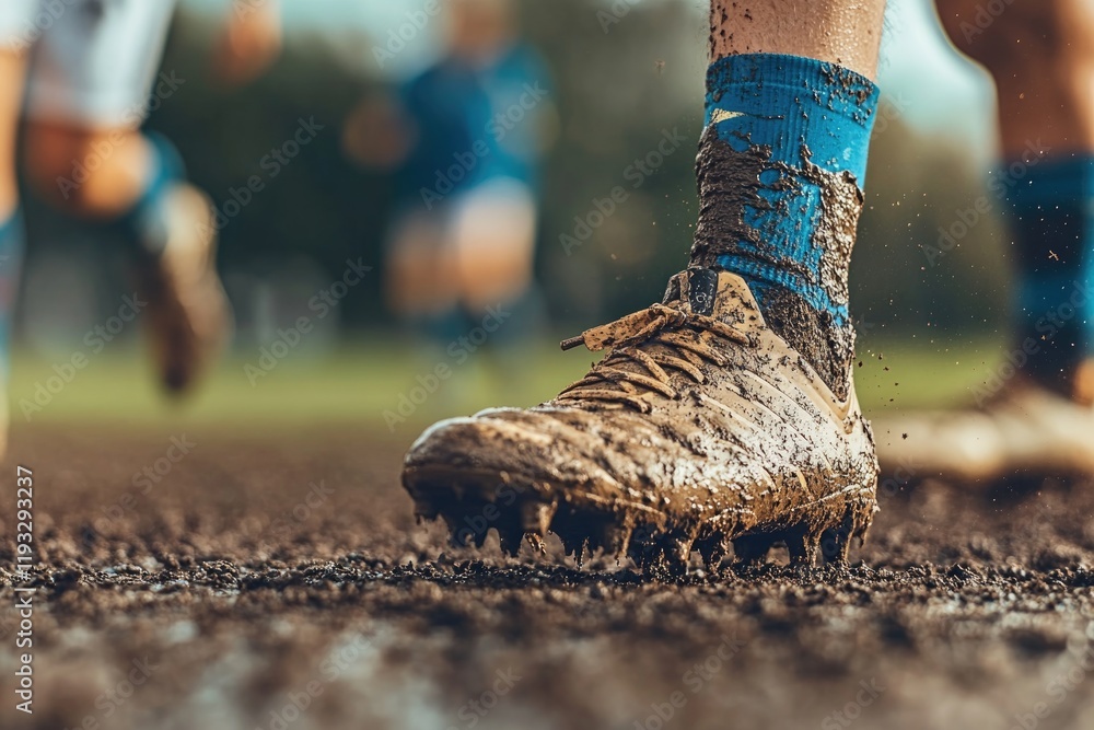 Poster close-up of muddy cleats gripping ground with blurred players in background creating depth