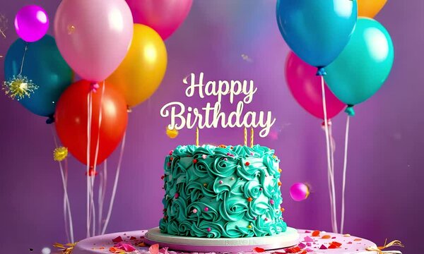 Happy Birthday text cake flower decorations Colorful balloons, vibrant colors pink background