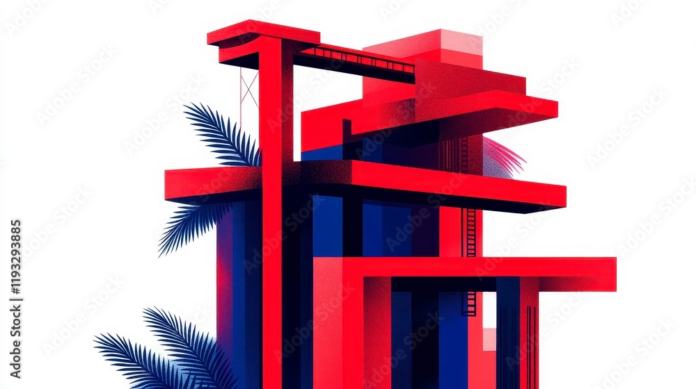 Poster vibrant abstract architectural structure with bold geometric shapes and tropical palm tree elements 
