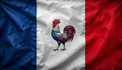 Flag of France with rooster and star background,  illustration.