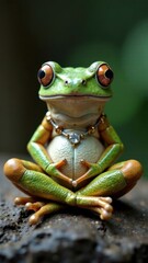 Elegant Frog Meditating with a Bejeweled Necklace in Nature