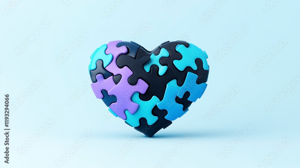 Poster a three-dimensional heart made of colorful puzzle pieces symbolizing love, connection, and the compl