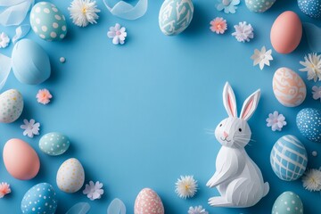Festive Easter Background Pastel Eggs Bunny Flowers