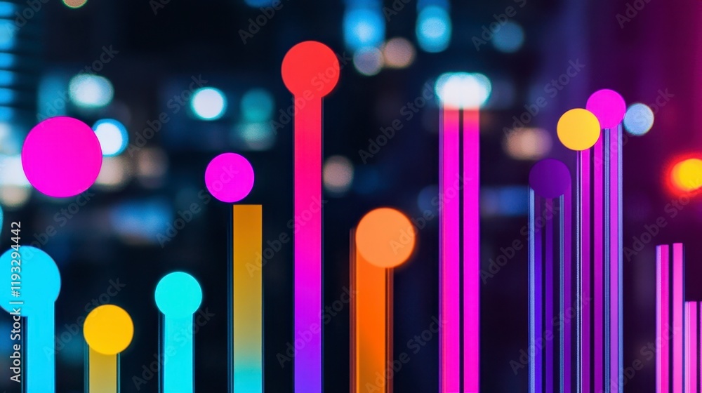 Poster colorful abstract digital graph with bright circles and vertical bars representing growth and succes