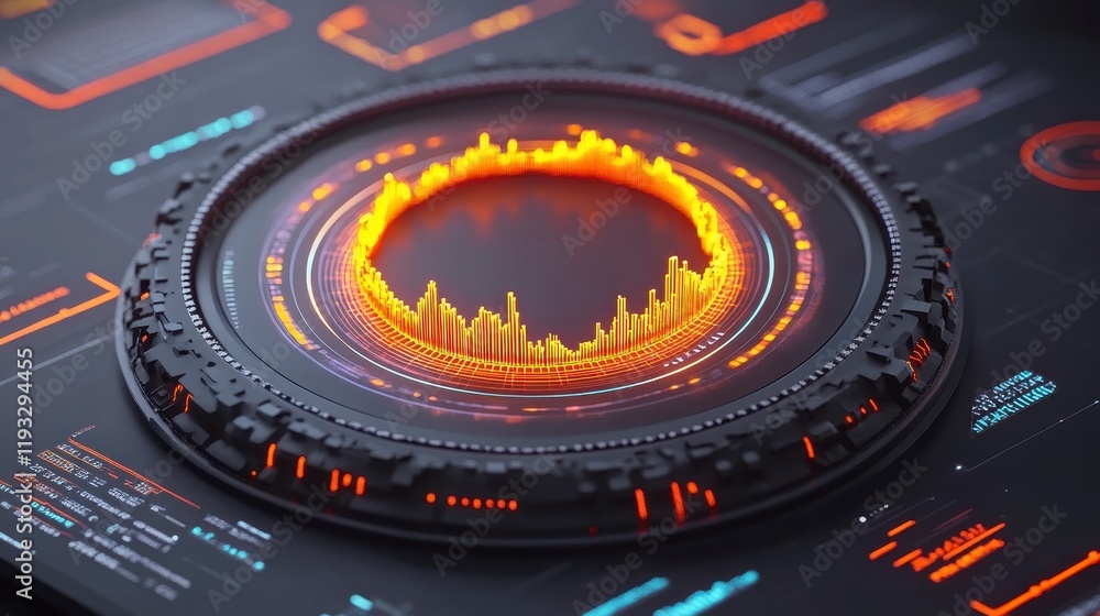 Poster a futuristic digital display showing vibrant sound waves in a circular pattern against a sleek black