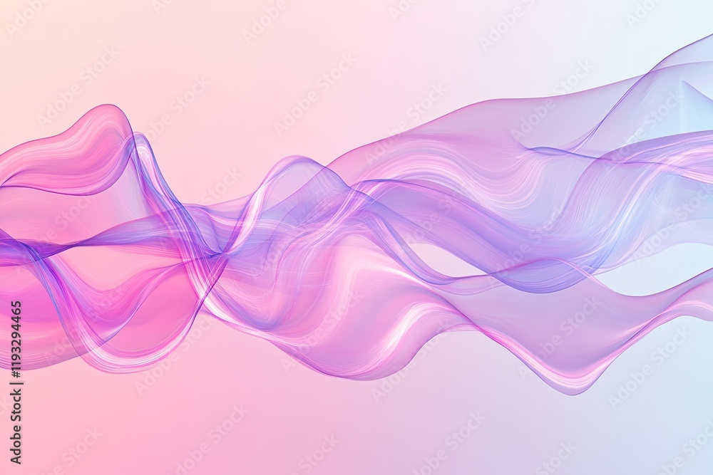 Poster dynamic abstract digital illustration of flowing waves in pink and lavender tones on gradient backgr
