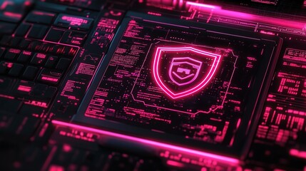 Obraz premium A digital shield symbolizing security on top of an open laptop, surrounded by glowing cyber lines and code in shades of red and black.