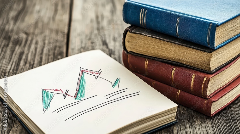 Poster stack of vintage books beside a notepad displaying a colorful financial chart on a rustic wooden sur