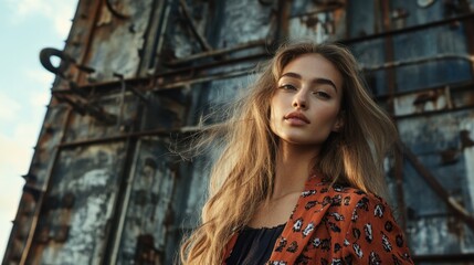 Fototapeta premium Fashion Model Posing Against Industrial Backdrop