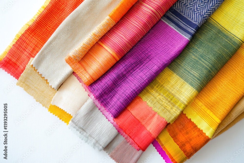 Poster flat lay of colorful fabric swatch symbolizing arranged neatly on smooth white surface