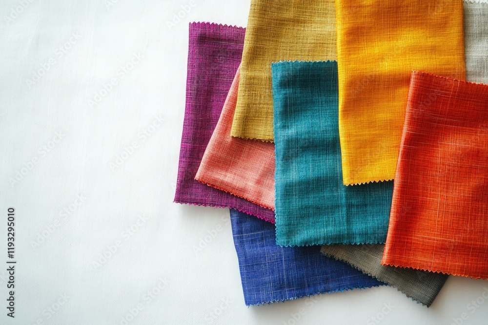 Poster flat lay of colorful fabric swatch symbolizing arranged neatly on smooth white surface