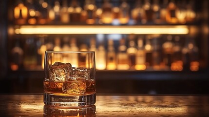 A glass of whiskey on the rocks with ice cubes, centered in the frame against a blurred background of a bar shelf full of bottles. 
