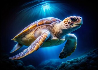 Fototapeta premium Albino Sea Turtle in Low Light, Underwater Night Photography