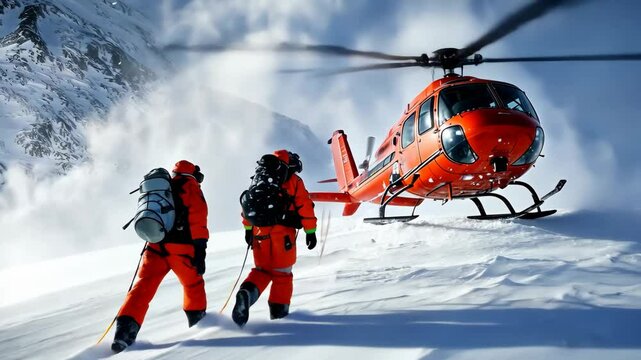 Adventurous Rescue Mission in Snowy Mountains with Helicopter and Climbers