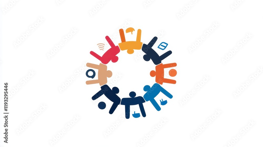 Poster diverse group of abstract figures interconnected in a circular formation symbolizing community and c
