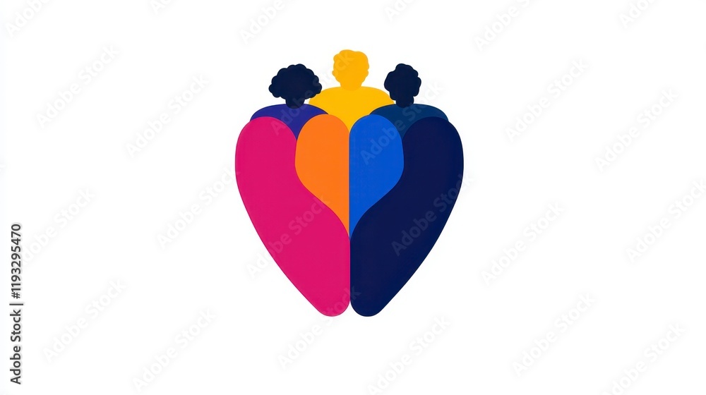 Poster abstract illustration of a colorful heart shape symbolizing unity and diversity among three individu