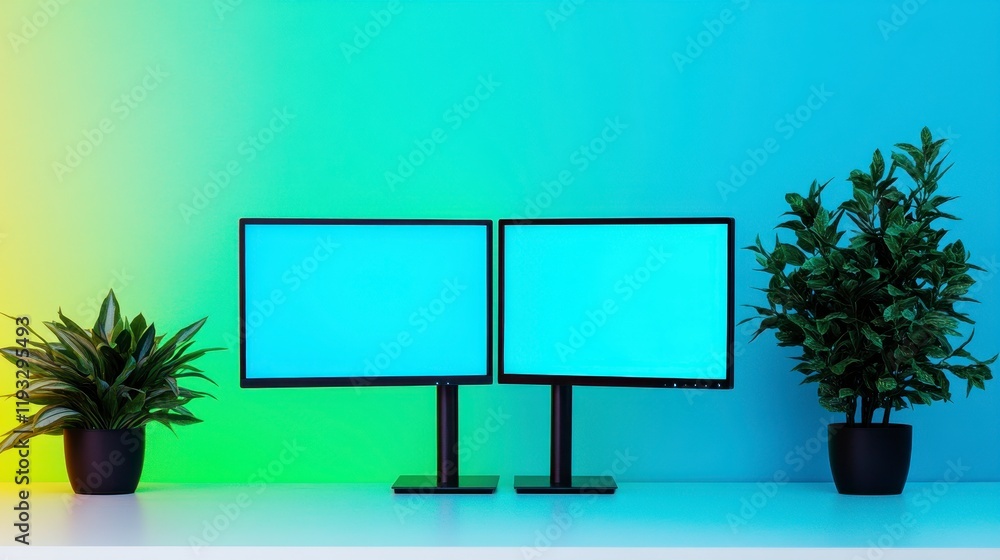 Poster modern workspace setup featuring two computer monitors and stylish indoor plants against a colorful 
