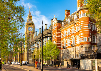 Fototapeta premium Victoria embankment architecture and Big Ben tower, London, UK