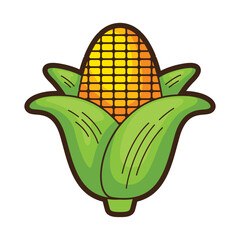 Sweet corn kernels and green husks make a cheerful design, suitable for food packaging, recipe books, or agricultural advertisements