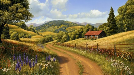 Serene Country Lane with Colorful Wildflowers and Cozy Cottage