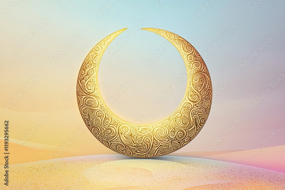 Poster flat vector-style illustration of golden crescent moon with intricate patterns resting on smooth pas