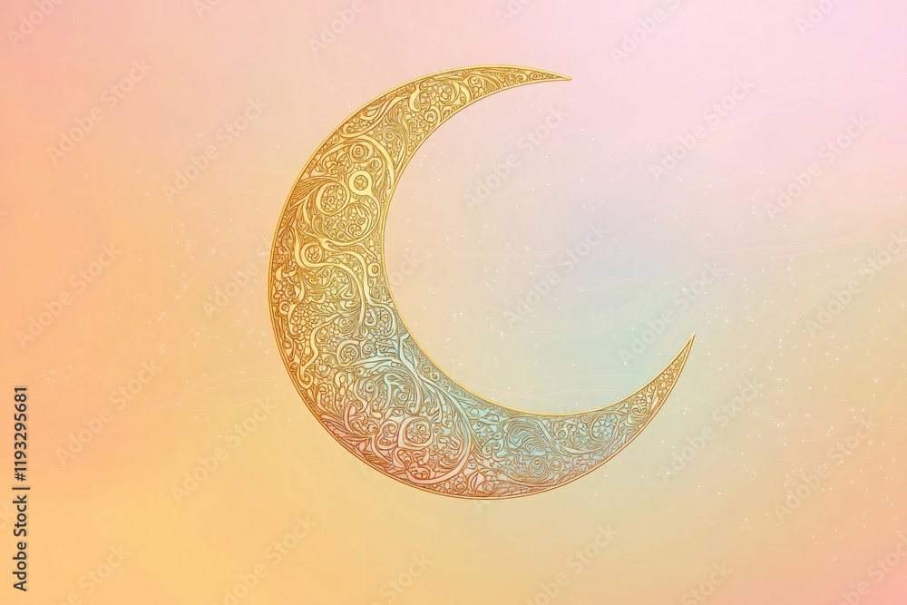 Poster flat vector-style illustration of golden crescent moon with intricate patterns resting on smooth pas