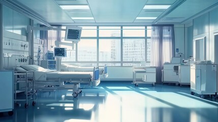A modern hospital room with medical equipment and beds, representing healthcare and emergency services. 