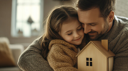 Artistic shot of a wooden house model with keys, father and daughter embracing in the blurred background, natural light