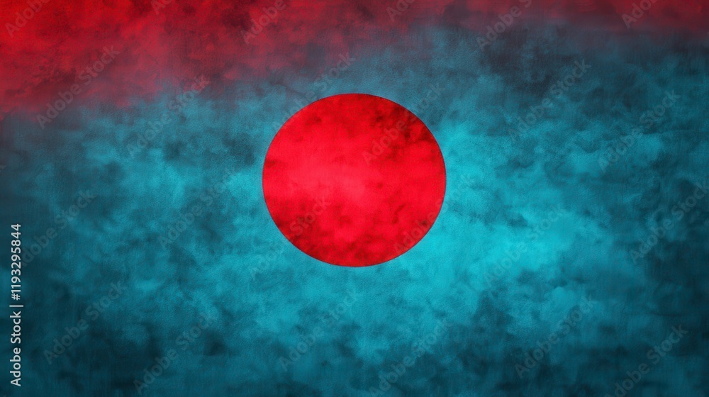 Poster abstract representation of the flag of japan with a textured background emphasizing the circular red